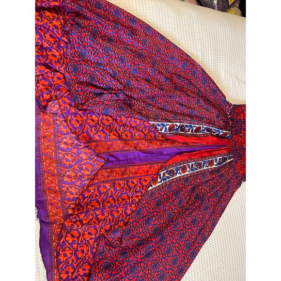 WEVEZ Boho Floral Red Print Smocked Top Spaghetti Strap Silk Midi Sun Dress Med - Picture 12 of 13